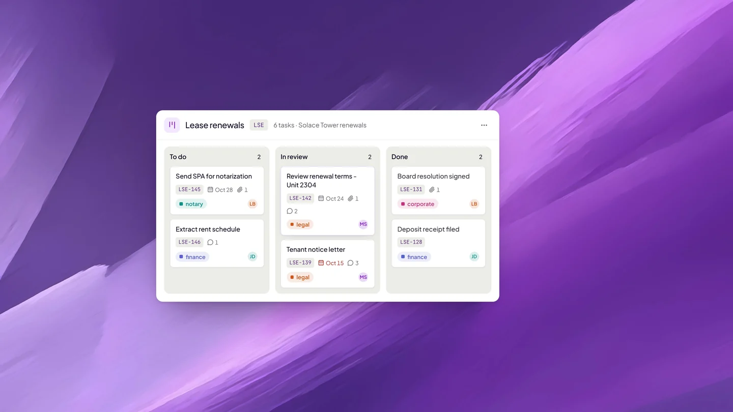 A Lease renewals task board on Twala with To do, In review, and Done columns, including tasks to send an SPA for notarization, review renewal terms for Unit 2304, and file a deposit receipt