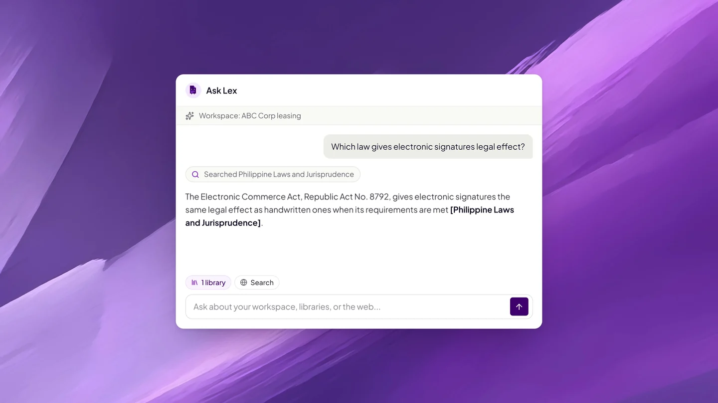 Ask Lex answering a question with results from the Philippine Laws and Jurisprudence library, naming the sources it used