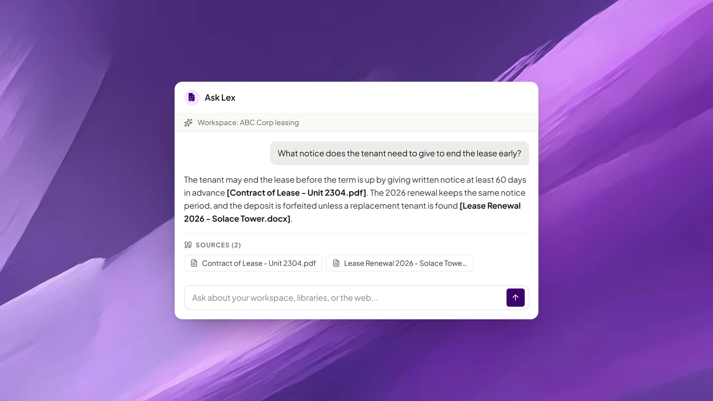 Ask Lex answering a question from a workspace’s documents and naming the files it used