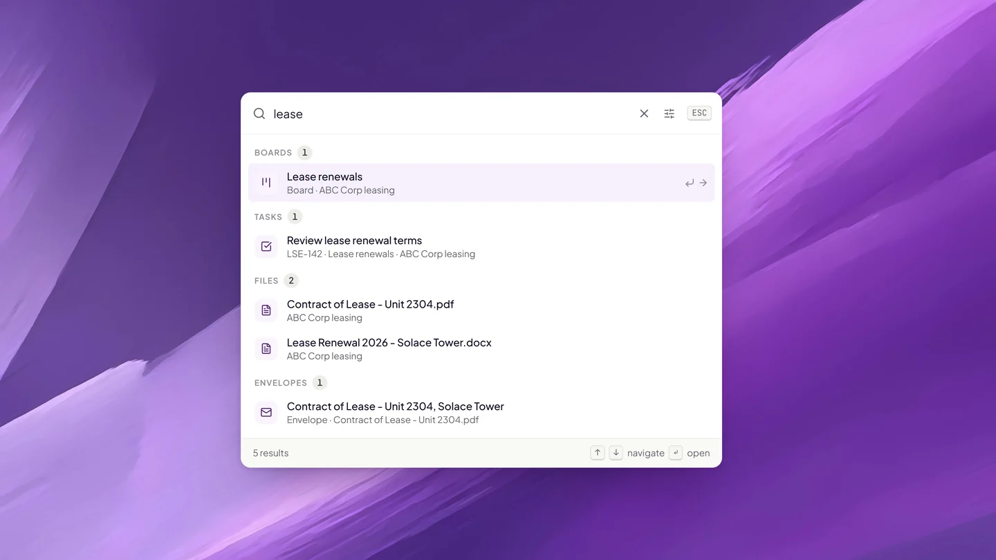 Twala search results for “lease” across boards, tasks, files, and envelopes