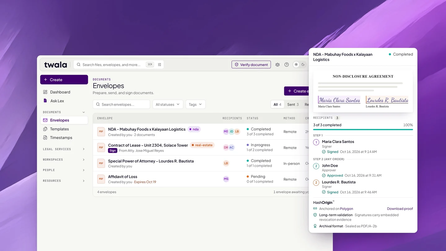 The Twala dashboard listing envelopes and their status beside a signed agreement sealed with HashOrigin