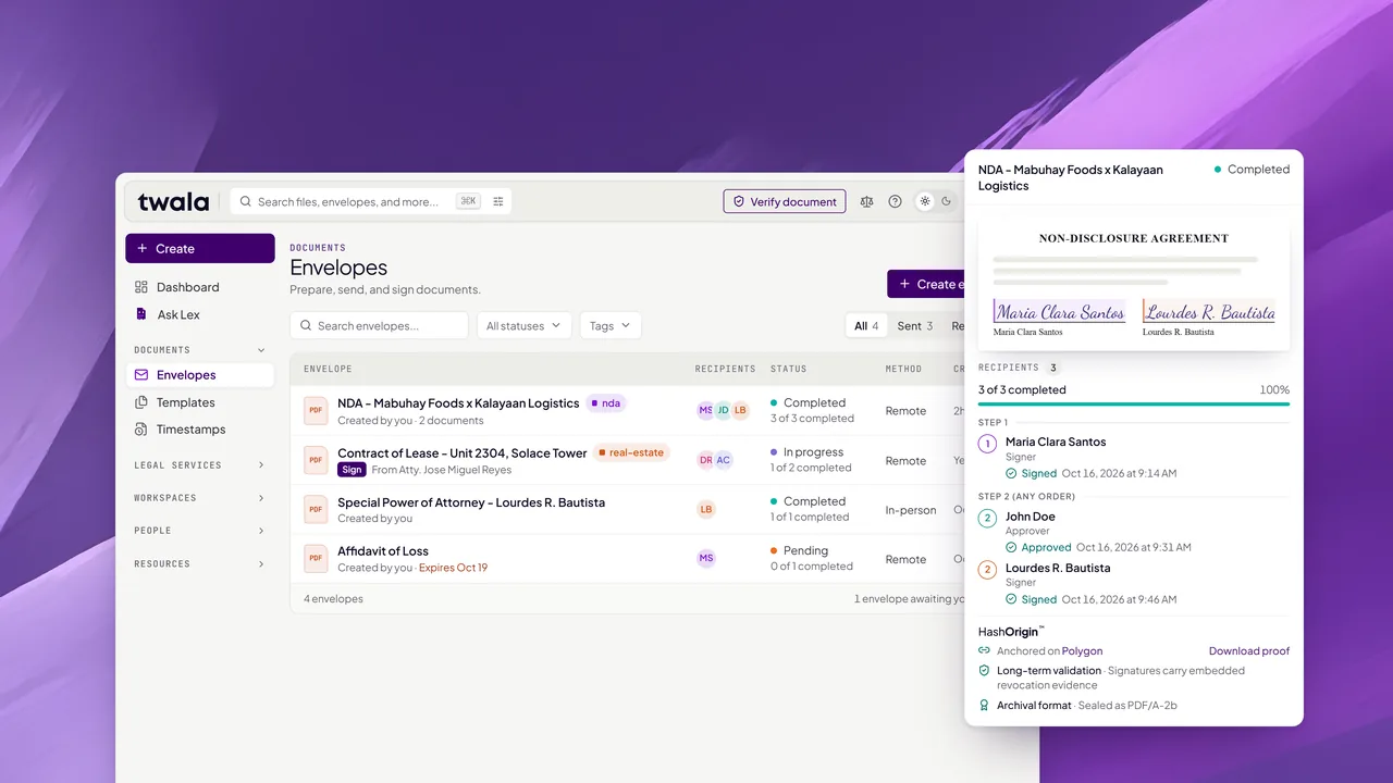 The Twala dashboard: envelopes and their status, beside a signed agreement sealed with HashOrigin™.