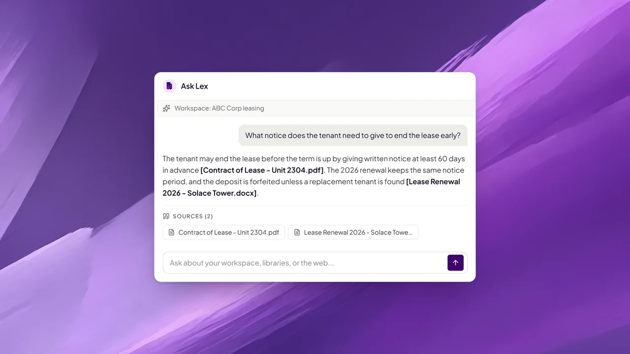 Ask Lex answers from the workspace’s documents and names the files it used.