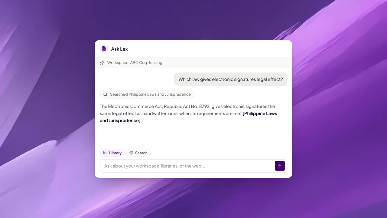 Ask Lex searches Philippine laws and jurisprudence when the files leave a gap.