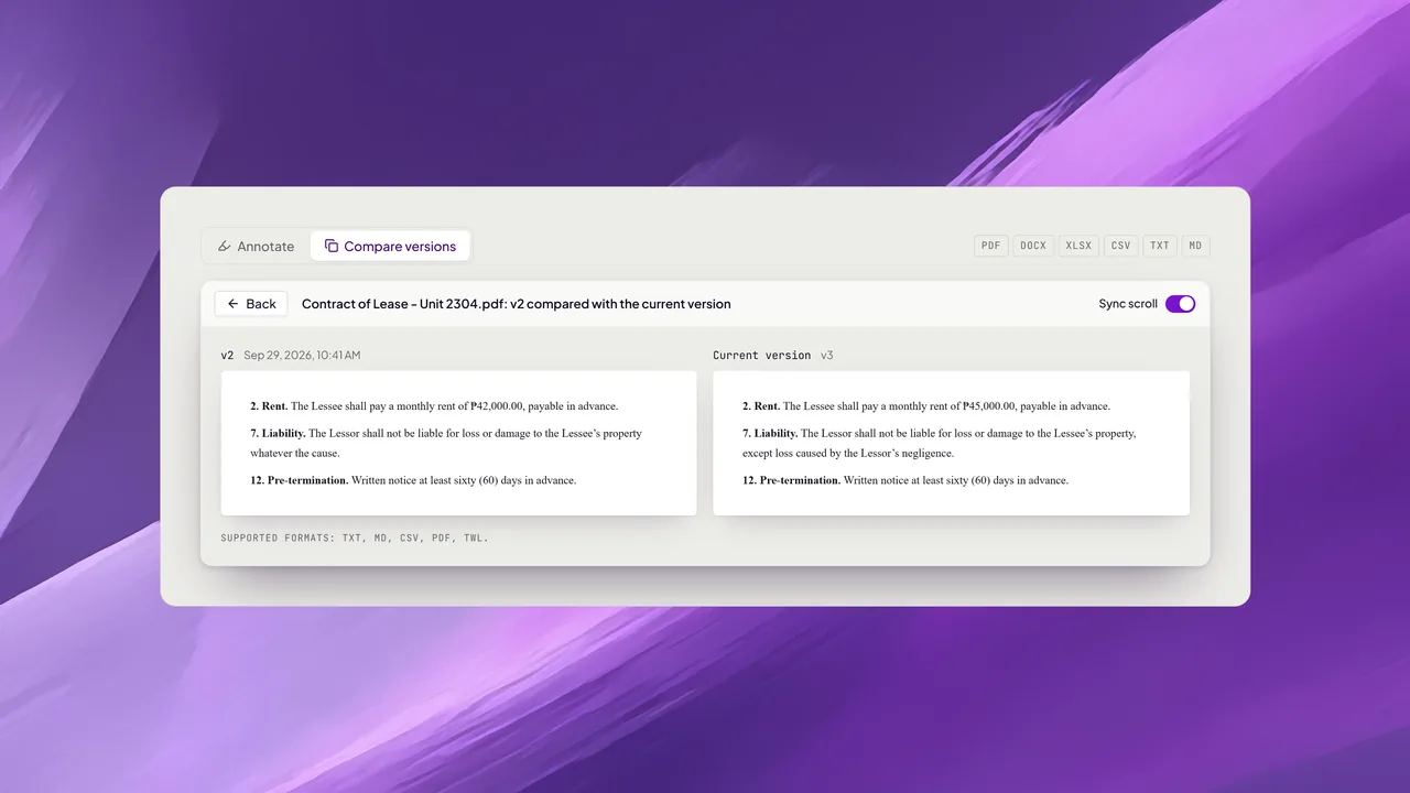 Comparing two versions of a contract side by side.