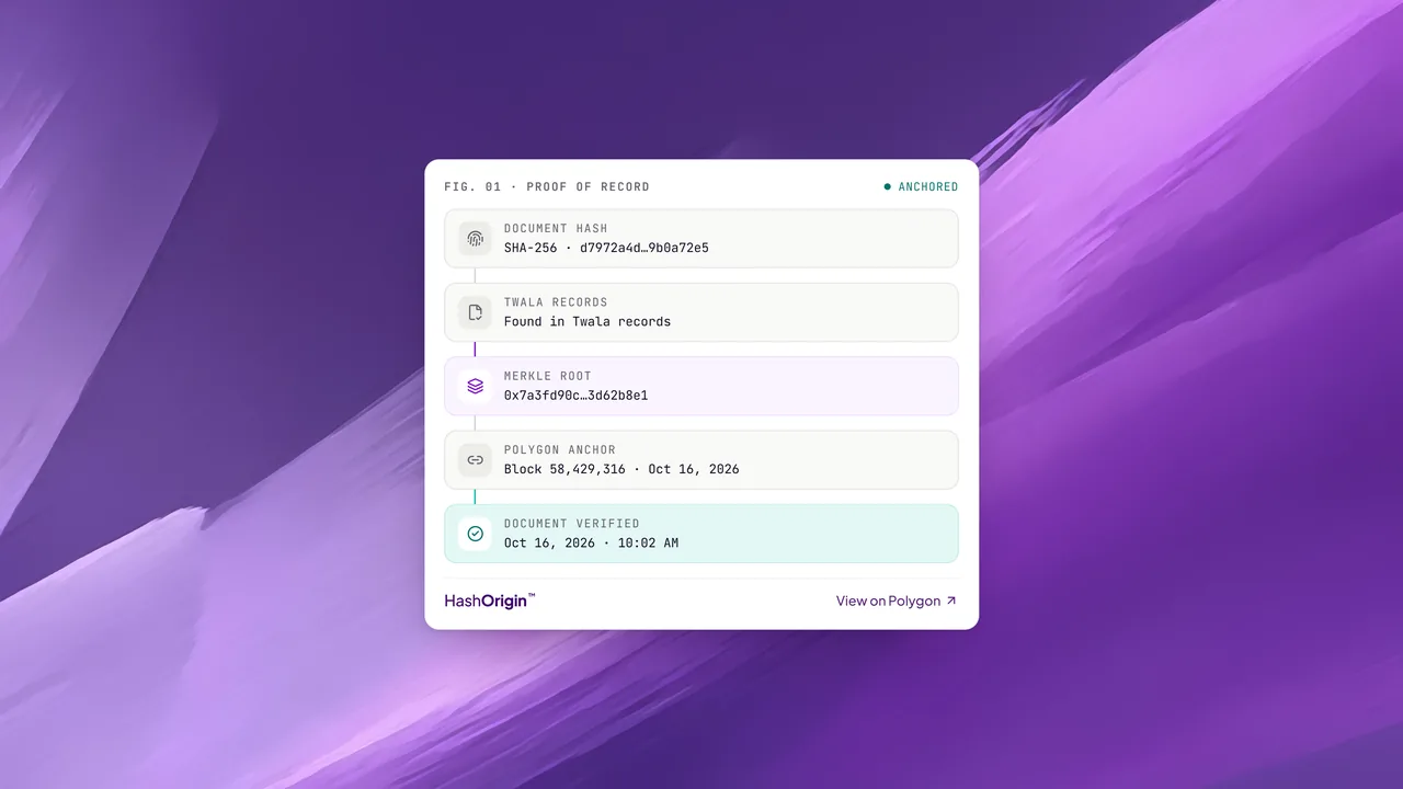 Verifying a document: its proof of record, from fingerprint to Polygon anchor.