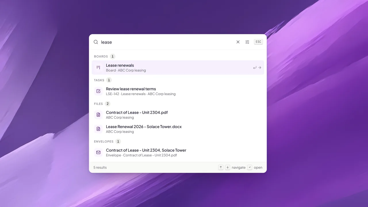 One search across files, envelopes, boards, and more.