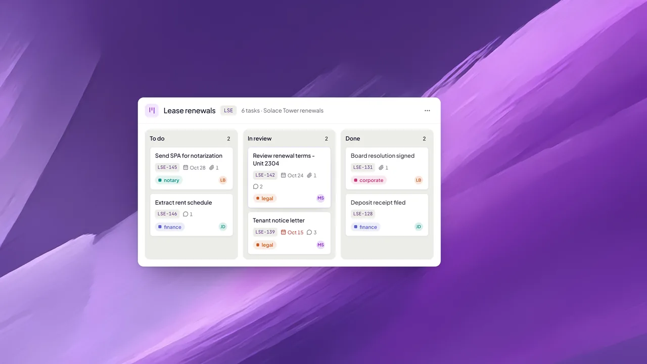 Task boards for document work, such as lease renewals.